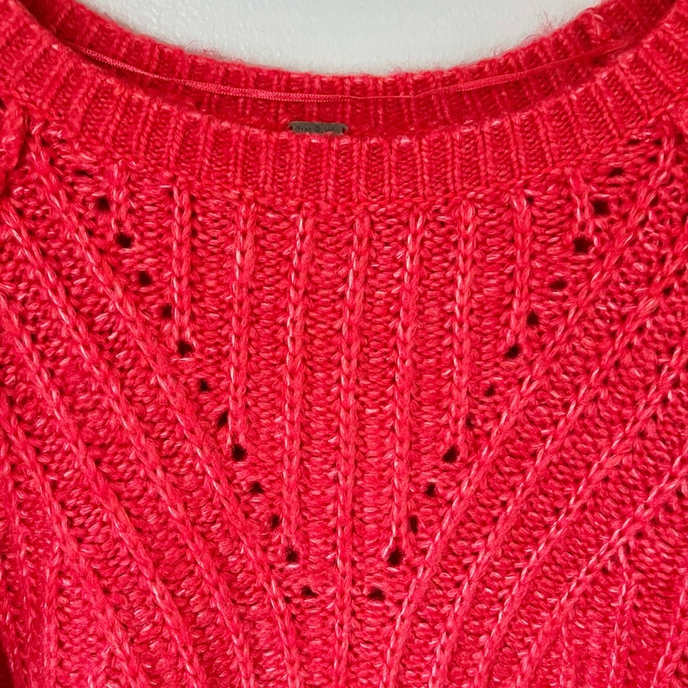 Free People Carter Knit Pullover Chunky Red Crew Neck Oversized Sweater Top S/M - Picture 8 of 9
